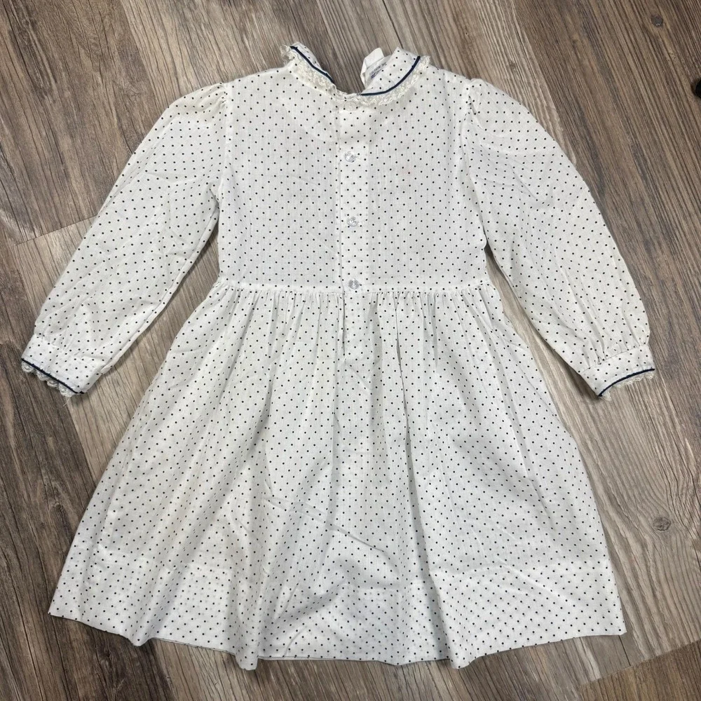 Vintage Coquette Southern Belle Hand Smocked Polka Dot Dress White Black Girls 6